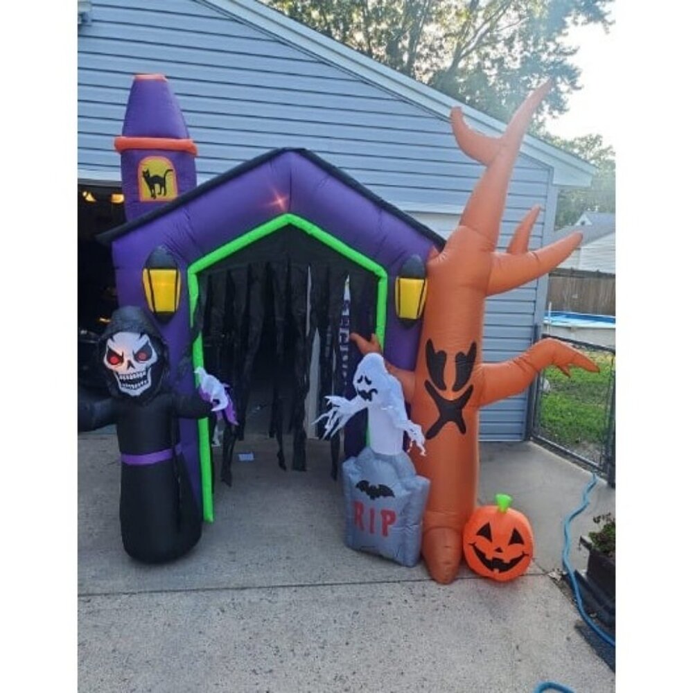 8.5 Foot Halloween Inflatable Haunted House Castle with Skeleton, Ghost & Skulls